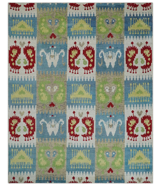 Hand Knotted Modern Tribal Style Contemporary Recycled Silk Area Rug, Multicolored, 7.6X9.4 | OP45