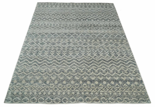 Hand Knotted Modern Contemporary Southwestern Tribal Trellis Recycled Silk Area Rug, Ivory and Gray, 8x10  | OP47810