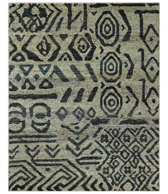 Hand Knotted Modern Tribal Style Contemporary Recycled Silk Area Rug, Ivory and Charcoal, 8X10 | OP49810