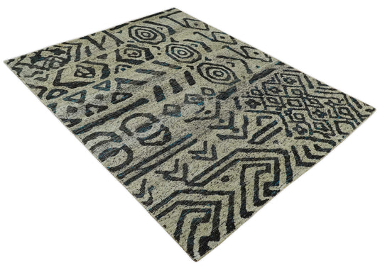 Hand Knotted Modern Tribal Style Contemporary Recycled Silk Area Rug, Ivory and Charcoal, 8X10 | OP49810