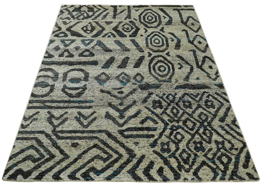 Hand Knotted Modern Tribal Style Contemporary Recycled Silk Area Rug, Ivory and Charcoal, 8X10 | OP49810