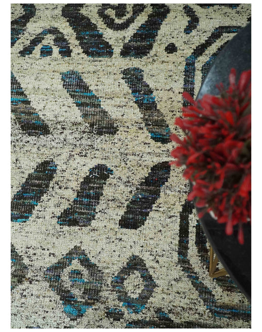 Hand Knotted Modern Tribal Style Contemporary Recycled Silk Area Rug, Ivory and Charcoal, 8X10 | OP49810