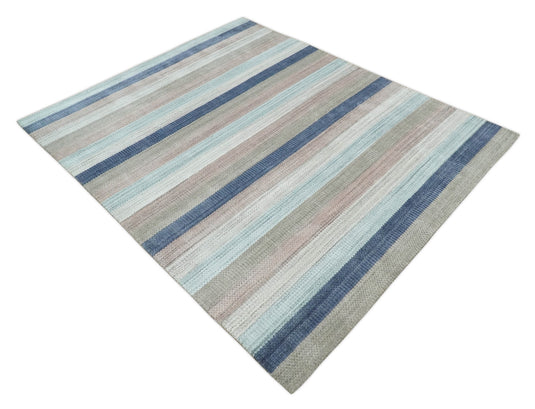 Modern Stripes Hand Made Scandinavian Blended Wool Flatwoven Area Rug, Blue, Peach, Ivory and Brown, 8x10 | KE32810