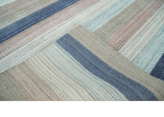 Modern Stripes Hand Made Scandinavian Blended Wool Flatwoven Area Rug, Blue, Peach, Ivory and Brown, 8x10 | KE32810