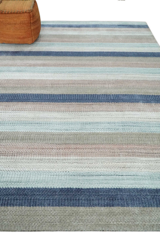 Modern Stripes Hand Made Scandinavian Blended Wool Flatwoven Area Rug, Blue, Peach, Ivory and Brown, 8x10 | KE32810