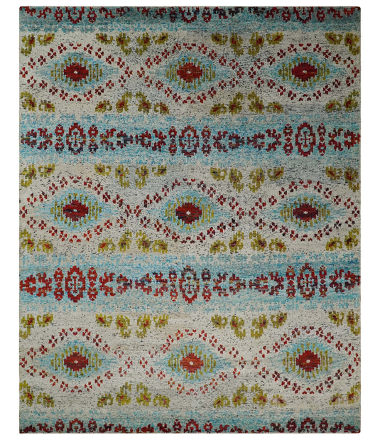 Hand Knotted Persian made of Recycled Silk Area Rug, Ivory, Red and Blue, 8X10 | OP53