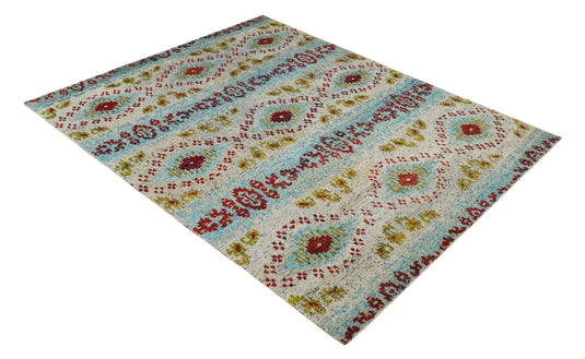 Hand Knotted Persian made of Recycled Silk Area Rug, Ivory, Red and Blue, 8X10 | OP53