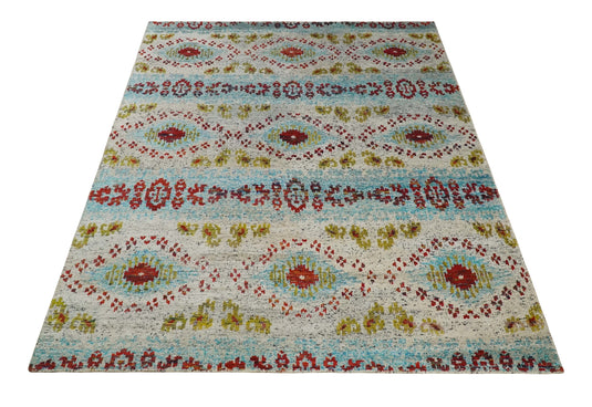 Hand Knotted Persian made of Recycled Silk Area Rug, Ivory, Red and Blue, 8X10 | OP53