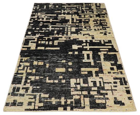 Hand Knotted Modern Abstract Contemporary Recycled Silk Area Rug, camel and Black, 4X6| OP54