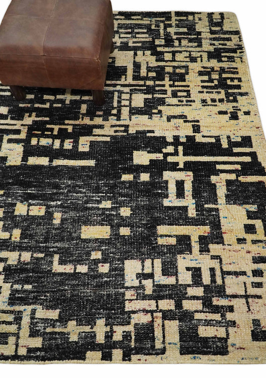 Hand Knotted Modern Abstract Contemporary Recycled Silk Area Rug, camel and Black, 4X6| OP54