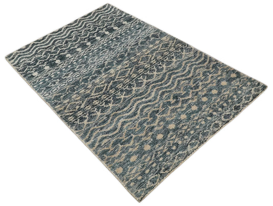 Hand Knotted Modern Contemporary Southwestern Tribal Trellis Recycled Silk Area Rug, Ivory, Camel and Blue, 4X6 | OP5546