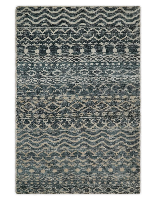 Hand Knotted Modern Contemporary Southwestern Tribal Trellis Recycled Silk Area Rug, Ivory, Camel and Blue, 4X6 | OP5546