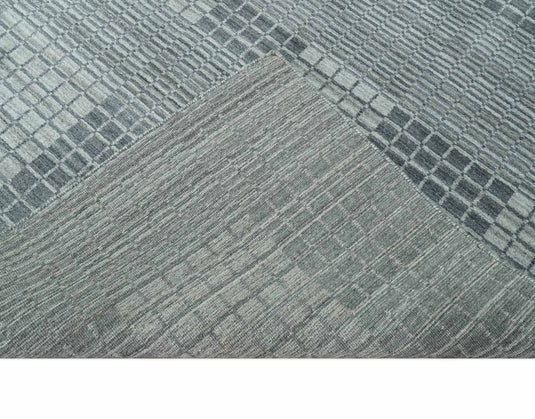 Flatwoven Checkered striped Hand Made Scandinavian Blended Wool Area Rug, Charcoal, Gray and Silver,8x10 | KE38810