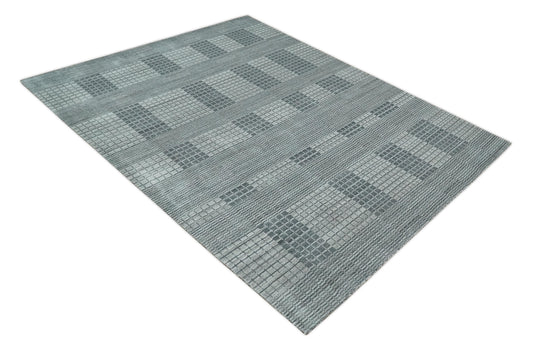 Flatwoven Checkered striped Hand Made Scandinavian Blended Wool Area Rug, Charcoal, Gray and Silver,8x10 | KE38810