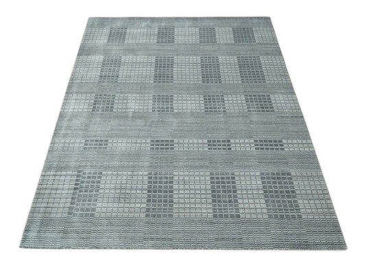 Flatwoven Checkered striped Hand Made Scandinavian Blended Wool Area Rug, Charcoal, Gray and Silver,8x10 | KE38810