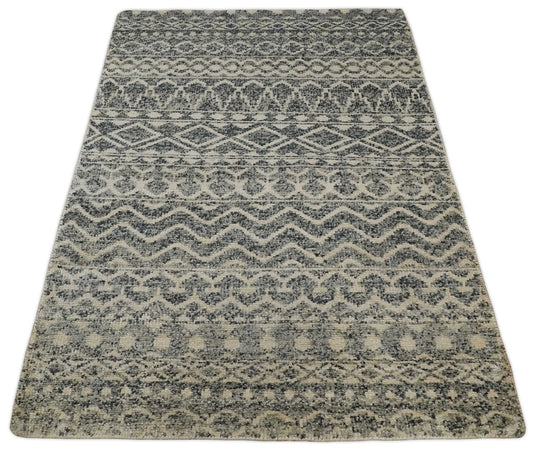 Hand Knotted Modern Contemporary Southwestern Tribal Trellis Recycled Silk Area Rug,  Ivory, Black and Gray , 4X6 | OP56