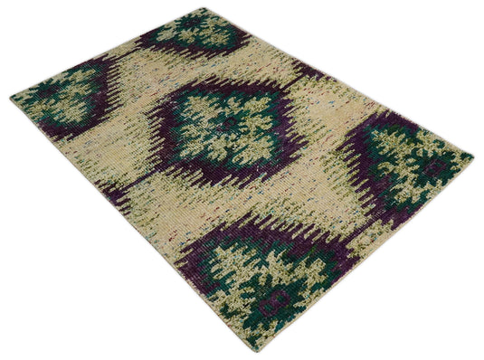 Hand Knotted Persian made of Recycled Silk Area Rug, Beige, Violet and Green, 4x6 | OP57