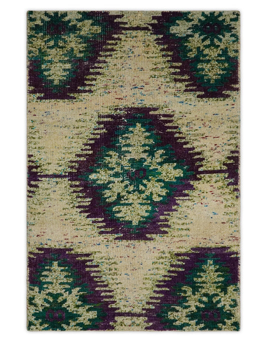 Hand Knotted Persian made of Recycled Silk Area Rug, Beige, Violet and Green, 4x6 | OP57