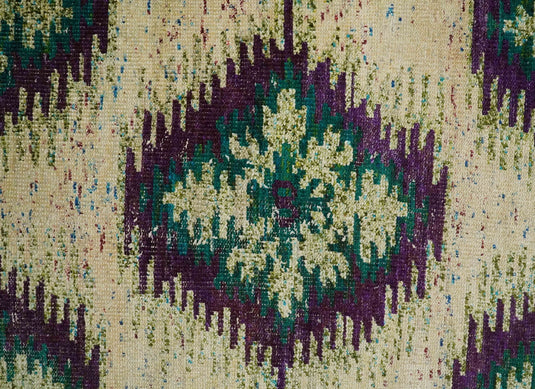 Hand Knotted Persian made of Recycled Silk Area Rug, Beige, Violet and Green, 4x6 | OP57