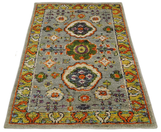 Hand Knotted Persian Oushak made of Recycled Silk Area Rug, Silver, Yellow and Orange, 4x6  | OP5846