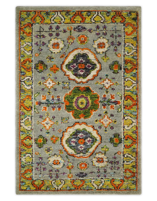 Hand Knotted Persian Oushak made of Recycled Silk Area Rug, Silver, Yellow and Orange, 4x6  | OP5846