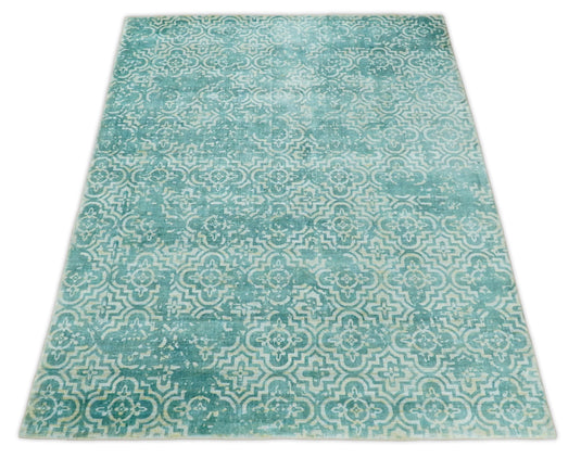 Modern Geometric Wool Blend Area Rug, Dinning, Living Room and Bedroom Rug, Blue turquois, 5x8 | QT0258