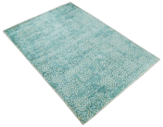 Modern Geometric Wool Blend Area Rug, Dinning, Living Room and Bedroom Rug, Blue turquois, 5x8 | QT0258