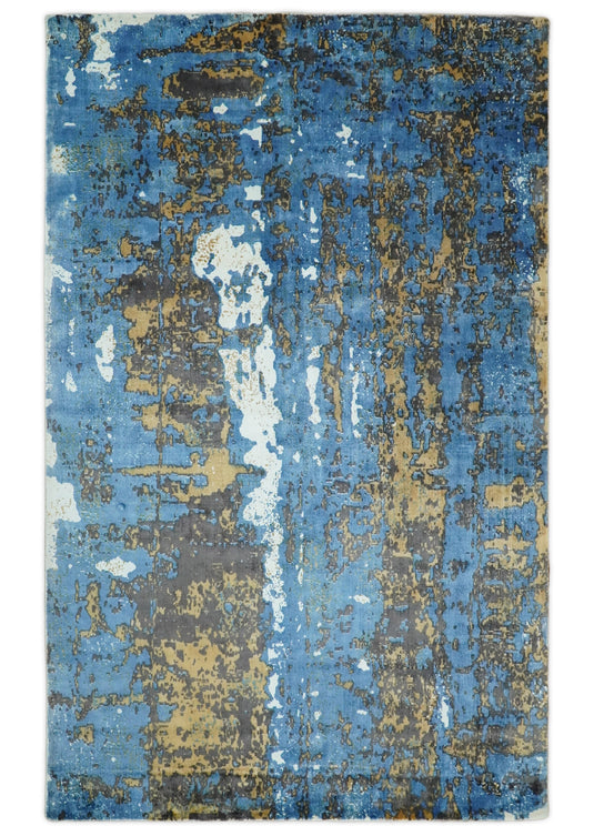 Modern Abstract Rug made with Wool Blend and Silk, Blue and Brown, 5x8 | QT0358