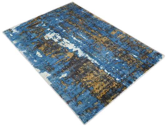 Modern Abstract Rug made with Wool Blend and Silk, Blue and Brown, 5x8 | QT0358