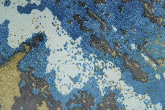 Modern Abstract Rug made with Wool Blend and Silk, Blue and Brown, 5x8 | QT0358