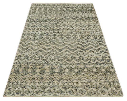 Hand Knotted Modern Contemporary Southwestern Tribal Trellis Recycled Silk Area Rug, Beige, Camel and Olive, 4x6 | OP5946