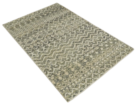 Hand Knotted Modern Contemporary Southwestern Tribal Trellis Recycled Silk Area Rug, Beige, Camel and Olive, 4x6 | OP5946