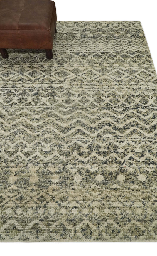 Hand Knotted Modern Contemporary Southwestern Tribal Trellis Recycled Silk Area Rug, Beige, Camel and Olive, 4x6 | OP5946