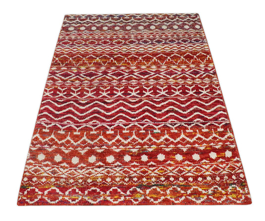 Hand Knotted Modern Contemporary Southwestern Tribal Trellis Recycled Silk Area Rug, Red and White, 4x6 | OP6046