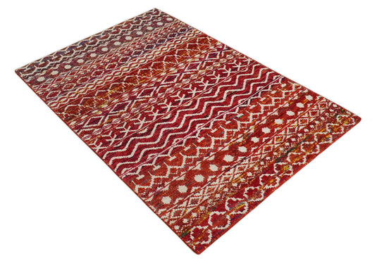 Hand Knotted Modern Contemporary Southwestern Tribal Trellis Recycled Silk Area Rug, Red and White, 4x6 | OP6046