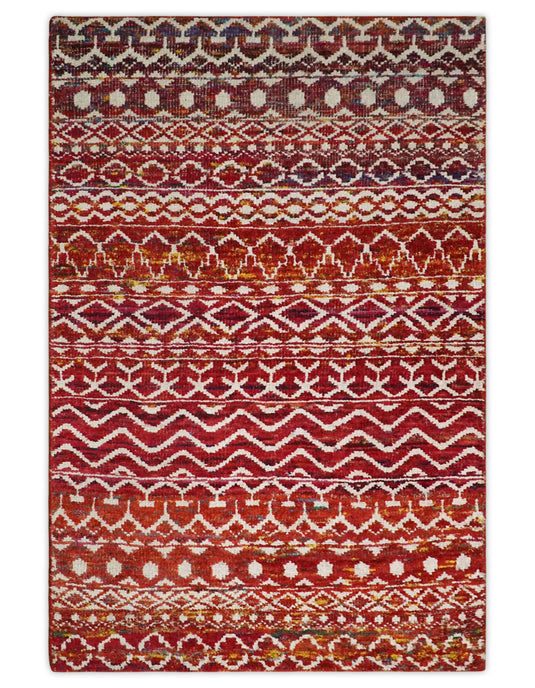 Hand Knotted Modern Contemporary Southwestern Tribal Trellis Recycled Silk Area Rug, Red and White, 4x6 | OP6046