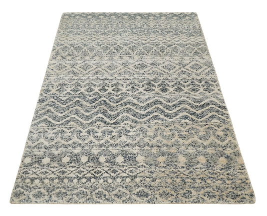 Hand Knotted Modern Contemporary Southwestern Tribal Trellis Recycled Silk Area Rug, Beige and Silver, 4x6 | OP6146