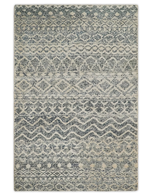 Hand Knotted Modern Contemporary Southwestern Tribal Trellis Recycled Silk Area Rug, Beige and Silver, 4x6 | OP6146