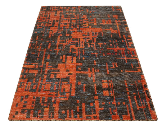 Hand Knotted Modern Abstract Contemporary Recycled Silk Area Rug, Orange and Charcoal, 4x6  | OP6246