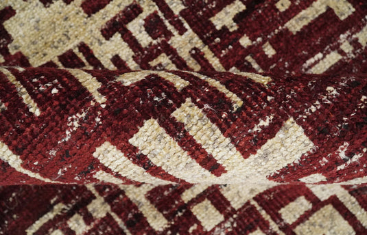 Hand Knotted Modern Abstract Contemporary Recycled Silk Area Rug,  Camel and Maroon, 4X6 | OP6446