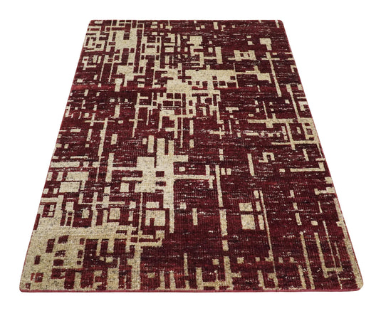 Hand Knotted Modern Abstract Contemporary Recycled Silk Area Rug,  Camel and Maroon, 4X6 | OP6446