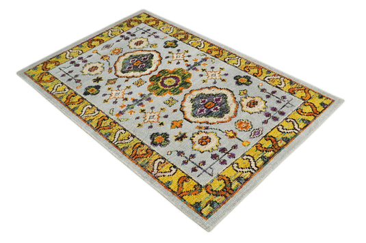 Hand Knotted Persian Oushak made of Recycled Silk Area Rug, Silver, Mustard and Gold, 4X6 | OP6546