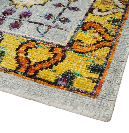 Hand Knotted Persian Oushak made of Recycled Silk Area Rug, Silver, Mustard and Gold, 4X6 | OP6546