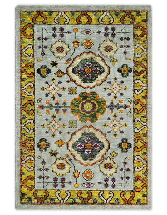 Hand Knotted Persian Oushak made of Recycled Silk Area Rug, Silver, Mustard and Gold, 4X6 | OP6546