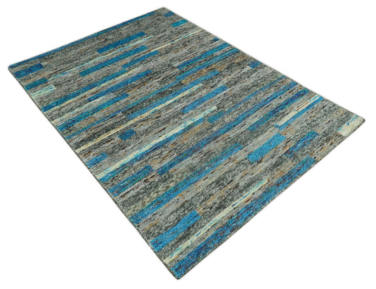 Hand Knotted Modern Abstract Contemporary Recycled Silk Area Rug, Gray, Ivory and Blue, 4.5X6.5| OP67