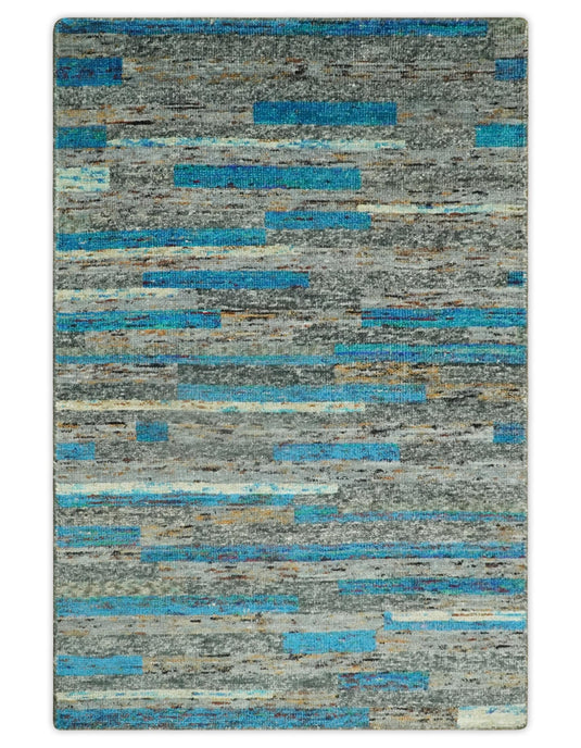 Hand Knotted Modern Abstract Contemporary Recycled Silk Area Rug, Gray, Ivory and Blue, 4.5X6.5| OP67