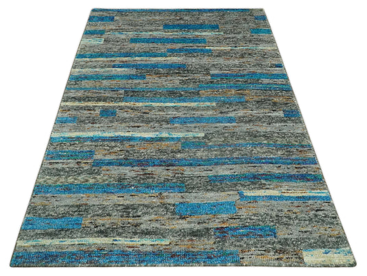 Hand Knotted Modern Abstract Contemporary Recycled Silk Area Rug, Gray, Ivory and Blue, 4.5X6.5| OP67