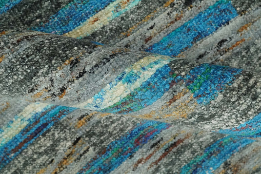 Hand Knotted Modern Abstract Contemporary Recycled Silk Area Rug, Gray, Ivory and Blue, 4.5X6.5| OP67