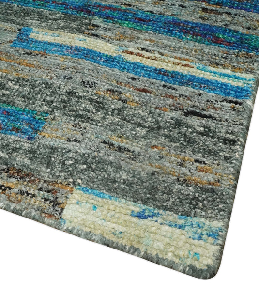 Hand Knotted Modern Abstract Contemporary Recycled Silk Area Rug, Gray, Ivory and Blue, 4.5X6.5| OP67