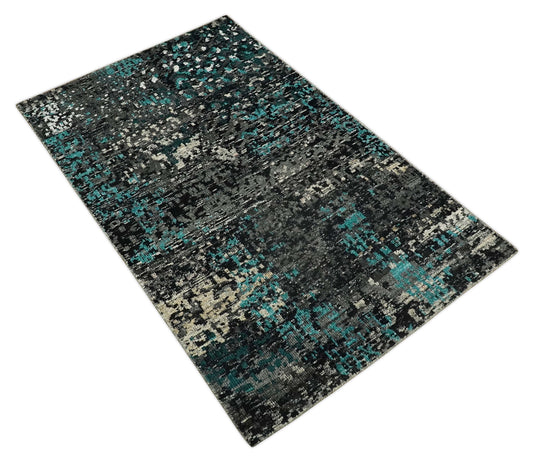 Hand Knotted Modern Abstract Contemporary Recycled Silk Area Rug, Charcoal, Ivory and Blue, 5x8 | OP6858